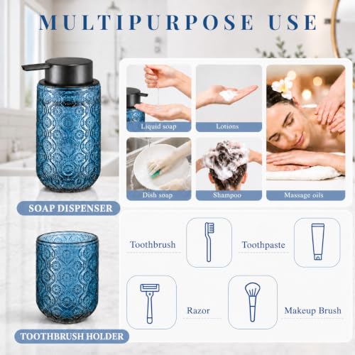 Bathroom soap Dispenser and Toothbrush Holder Set | Bathroom Accessories 2 pack cup and toothpaste holder blue glass - color: Navy Blue