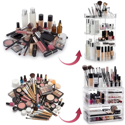 Canchiing Acrylic Makeup Organizer Set, 360 Rotating Makeup Organizer, Clear Drawer Vanity & Countertop Cosmetic Storage for Brushes, Jewelry, for Vanity, Bathroom, Bedroom, Closet