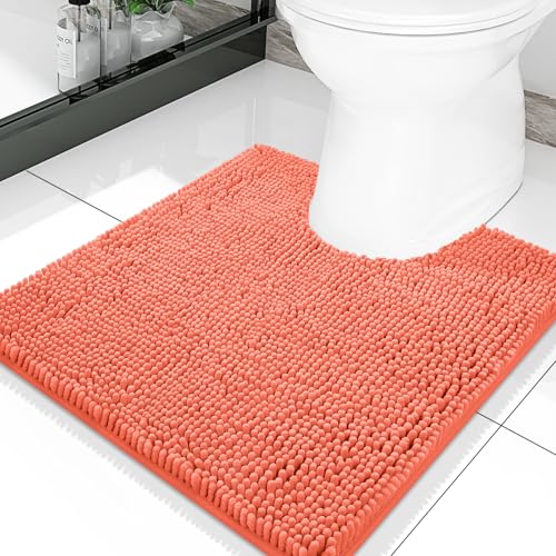 Smiry Luxury Chenille Toilet Rugs U-Shaped 20x20, Soft Absorbent Non-Slip Contour Bathroom Rugs for Toilet, Machine Washable Contoured Bath Mats, Coral - color: Coral, size: 20" X 20" Contour Rug