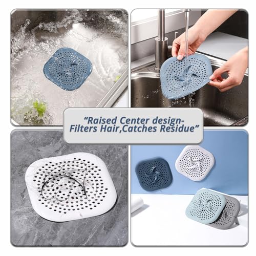 5.9" Square Drain Cover with Suction Cups, Hair Catcher, 4 Pack | For Shower, Bathroom & Sink, Flat Design with Suction Cups, Helps Keep Drains Clear