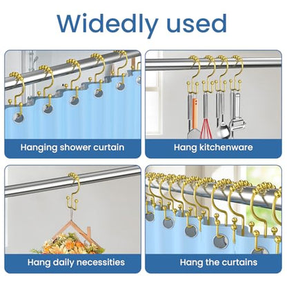 Gold Shower Curtain Hooks Double Sided with Roller Balls | for Bathroom Rods, for Shower Curtain and Liner, Smooth Gliding, Rustproof Metal, Set of 12 Hooks - color: Gold