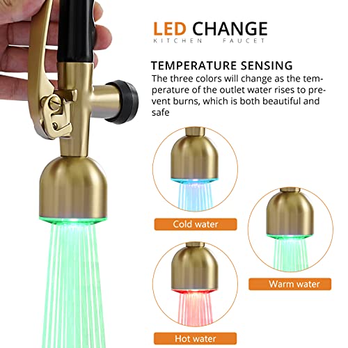 Fapully High Arc Brushed Gold Pull-Down Kitchen Faucet with LED Sprayer | Kitchen Sink Faucets with Pull Down Sprayer,Dual Spray Modes, Commercial Grade,Single Handle Single Hole Design - color: Brushed Gold, style: Modern