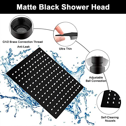 High Pressure Large Stainless Steel Square Rain ShowerHead With Shower Arm Waterfall Full Body Coverage Easy to Clean and Install (12 Inch With Arm, Matte Black) - color: Matte Black, size: 12 Inch With Arm