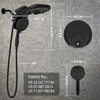 Foldable Rainfall Shower Head 9 Spray Settings/Modes Handheld Showerheads | High Pressure Shower Heads with Handheld Spray Combo, Built-in Magnetic Docking, Power Jets, Stainless Steel Shower Hose - color: Black