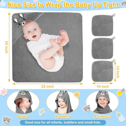 4PCS Hooded Baby Towels Set, 32x32in Baby Towels for Essentials (Gray Bear) | 1 Baby Towel & 3 Baby Washcloths Set, Cute Animal Hooded Towel, Ultra Absorbent & Soft, Cute Infant Essentials for Boy & Girl - color: Gray Bear-4pcs