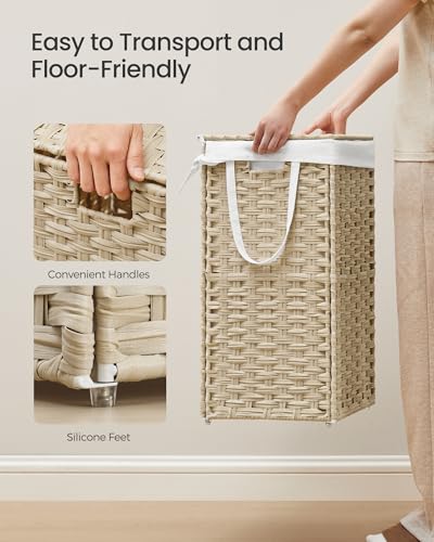 SONGMICS Laundry Hamper with Lid, 17.2 Gallon (65L) Synthetic Rattan Clothes Laundry Basket with Lid and Handles, Foldable, Removable Liner, Summer Sand ULCB165LZ01 - color: Summer Sand, size: 65 L