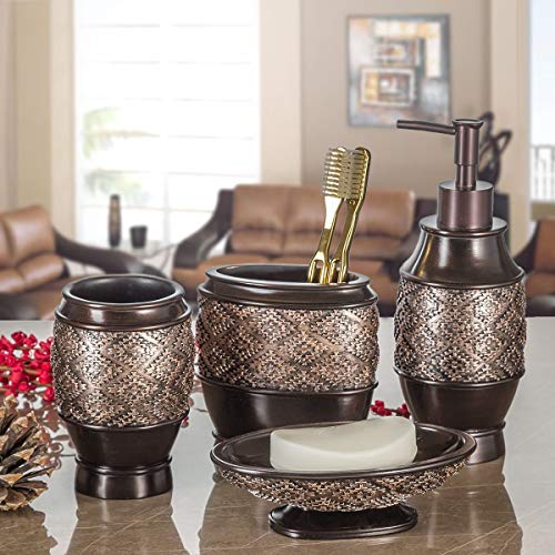 Creative Scents Dublin Brown 6 Piece Resin Bathroom Accessories Set | Includes Toilet Brush and Holder, Tissue Box Cover, Soap Dispenser, Toothbrush Holder, Tumbler Cup & Soap Dish - style: 6 Piece Set