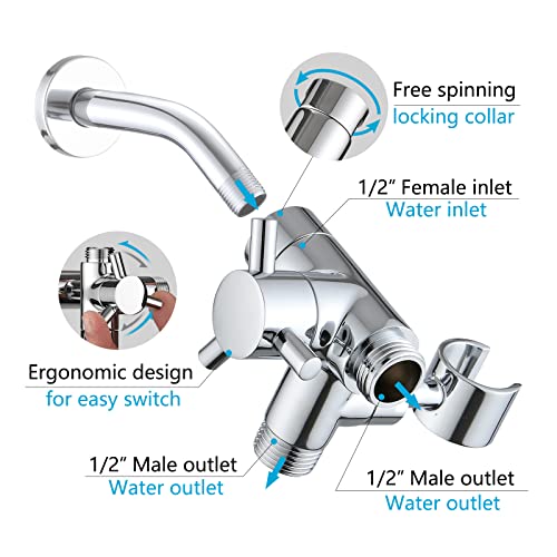 PDPBath Solid Brass 3 Way Shower Arm Diverter Valve with Handheld Holder for Dual Shower Heads with G1/2 Universal Connection - Chrome - color: Chrome-2