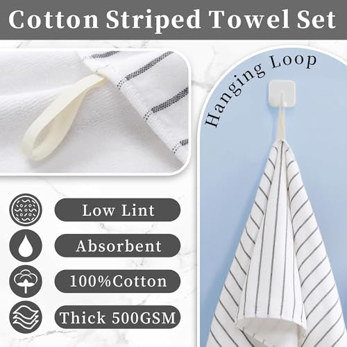 VOOVA & MOVAS White Striped Hand Towels 4 Pack, 100% Cotton, 13x28 in | Ideal for Home Bathroom & Kitchen, Hanging Loops, 450GSM, Ultra Absorbent & Quick Dry, White Base with Black Stripes - color: White Stripe