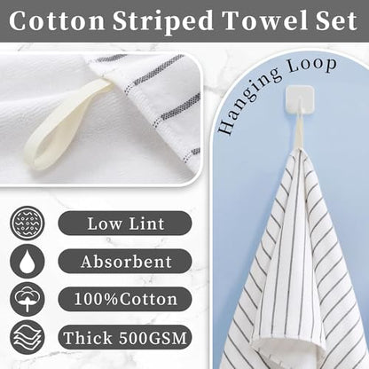 VOOVA & MOVAS White Striped Hand Towels 4 Pack, 100% Cotton, 13x28 in | Ideal for Home Bathroom & Kitchen, Hanging Loops, 450GSM, Ultra Absorbent & Quick Dry, White Base with Black Stripes - color: White Stripe