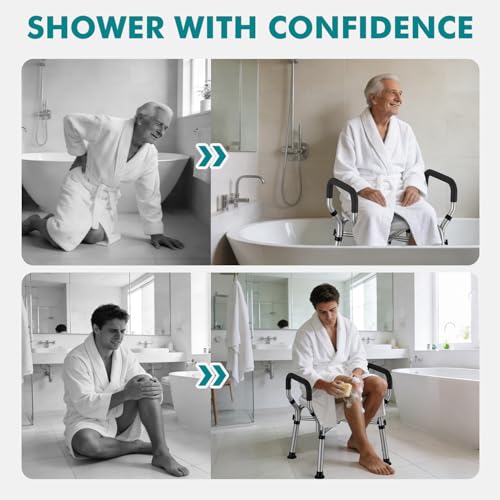 VFAUOSIT Shower Chair with Removable Arms and Back, 550 lb Adjustable Seat | Dual X-Brace Support, Non-Slip Feet, 12 Quick-Drain Holes, Tool-Free Assembly, Wide EVA Cushion, Rust-Resistant Frame - color: Gray