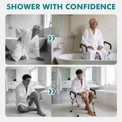 VFAUOSIT Shower Chair with Removable Arms and Back, 550 lb Adjustable Seat | Dual X-Brace Support, Non-Slip Feet, 12 Quick-Drain Holes, Tool-Free Assembly, Wide EVA Cushion, Rust-Resistant Frame - color: Gray