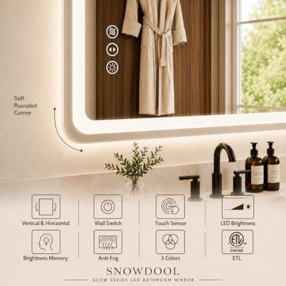 Snowdool 60 x 36 in RGB LED Bathroom Mirror, Front and Backlit, Anti-Fog | 8 RGB Backlight Modes, 3 Front Light Colors, Anti-Fog, Tempered Glass - size: 60"L x 36"W
