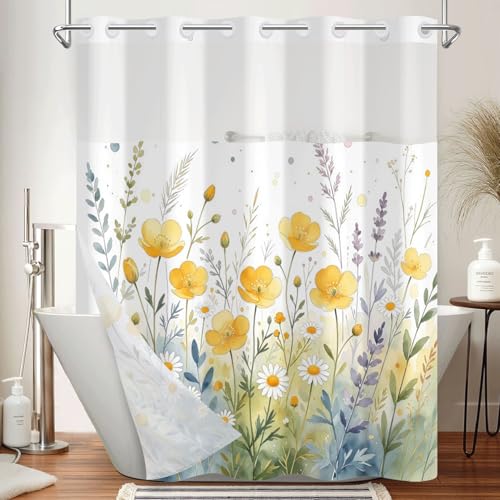 Watercolor Floral Shower Curtain with Snap in Liner, 71x74 Inch | No Hooks Needed, Mesh Top & Double Layer Waterproof Bath Curtain, Wildflower Botanical Design for Country Farmhouse Bathroom - color: Nature Flowers