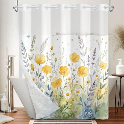 Watercolor Floral Shower Curtain with Snap in Liner, 71x74 Inch | No Hooks Needed, Mesh Top & Double Layer Waterproof Bath Curtain, Wildflower Botanical Design for Country Farmhouse Bathroom - color: Nature Flowers
