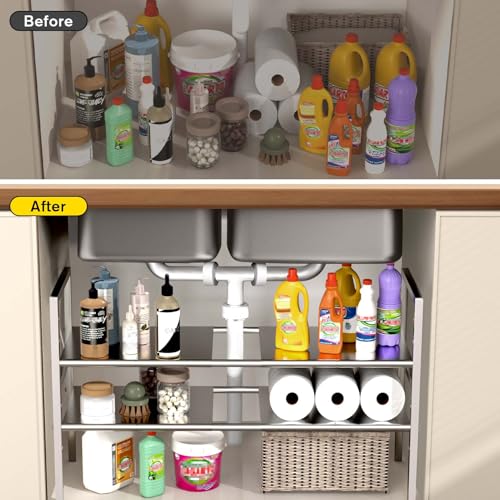 Under Sink Organizers and Storage,Expandable under cabinet organizer Shelf | 2-tier stainless steel heavy-duty expandable rack with 8 panels & adjustable width 18.9"-34.6" for kitchen bathroom shoe rack