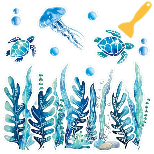 AnyDesign Non-Slip Bathtub Stickers Under The Sea Adhesive 20Pcs Blue Ocean Animal Seaweed Turtle Anti Slip Shower Tread Adhesive Applique Decal with Scraper for Summer Bathroom Floor