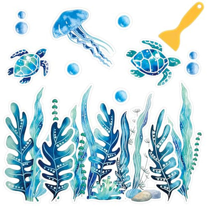 AnyDesign Non-Slip Bathtub Stickers Under The Sea Adhesive 20Pcs Blue Ocean Animal Seaweed Turtle Anti Slip Shower Tread Adhesive Applique Decal with Scraper for Summer Bathroom Floor