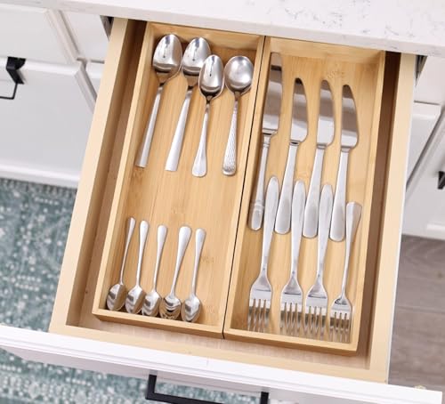 Fabsome Kitchen Utensil Drawer Organizer, Bamboo Silverware Cutlery Flatware Organizer Bins, Wooden Container Storage Trays for Bathroom Vanity Junk Drawer, 15" x 6" Set of 2 - size: 2''H 2 Boxes