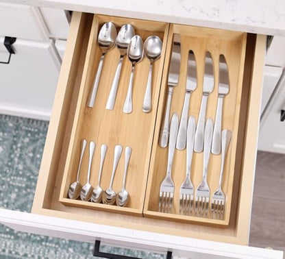 Fabsome Kitchen Utensil Drawer Organizer, Bamboo Silverware Cutlery Flatware Organizer Bins, Wooden Container Storage Trays for Bathroom Vanity Junk Drawer, 15" x 6" Set of 2 - size: 2''H 2 Boxes