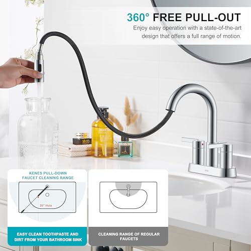 Chrome Centerset 2 Handle Pull Down Bathroom Faucet with Sprayer | Pull Out Bathroom Faucet with Pop Up Drain & Supply Lines, Lead-Free cUPC & NSF Certified, 3 Hole Faucet for Vanity RV Bar - color: Chrome