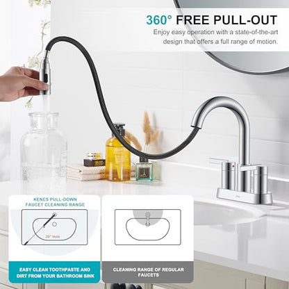 Chrome Centerset 2 Handle Pull Down Bathroom Faucet with Sprayer | Pull Out Bathroom Faucet with Pop Up Drain & Supply Lines, Lead-Free cUPC & NSF Certified, 3 Hole Faucet for Vanity RV Bar - color: Chrome