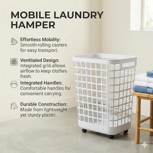 Heavy Duty Rolling Laundry Hamper with Wheels - 2.6 Bushel (90L+) Large Plastic Laundry Basket, Tall Ventilated Dirty Clothes Organizer for Bedroom, Bathroom & Dorm Room, No Assembly Required (White) - size: White
