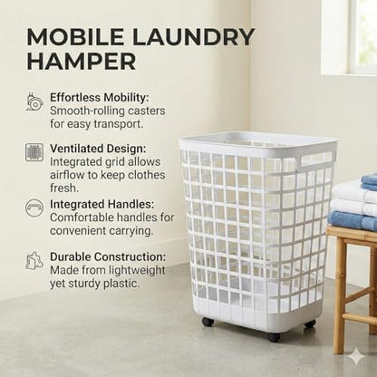 Heavy Duty Rolling Laundry Hamper with Wheels - 2.6 Bushel (90L+) Large Plastic Laundry Basket, Tall Ventilated Dirty Clothes Organizer for Bedroom, Bathroom & Dorm Room, No Assembly Required (White) - size: White