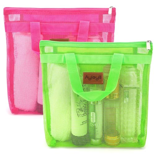 Hommtina 2 Pcs Shower Mesh Caddy Bag Quick Dry Hanging Toiletry and Bath Organizer for Travel and Swimming with Zipper (Roes-Green) - color: Roes-Green