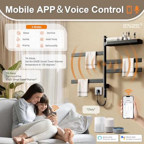 ENZE Smart Rotating Heated Towel Rack, 4-Bar, Matte Black | Wall-Mounted Electric Towel Warmer, Swivel Shelf, Wi-Fi App Control, 24H Timer, Stainless Steel - color: Black 17.72"x26.77"