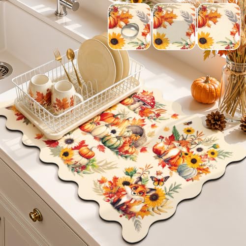 LOKHOM Scalloped Fall Dish Drying Mat, 12"x20" Coffee Mat Pumpkin Fox | Butterfly Mushrooms Print, Super Absorbent, Quick Dry Dish Drainer Rack Mat, For Kitchen Counter Sink Bar Thanksgiving Decor - color: Fall Pumpkin Fox, size: 12" x 20"