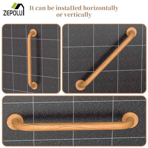 Wood Grain Shower Grab Bar 16 Inch, Grab Bar for Bathtub and Shower | Stainless Steel, Wall Mount wooden grab bar, Bathroom Handrail, Balanced Support Assist Handle for Elderly Senior Handicap