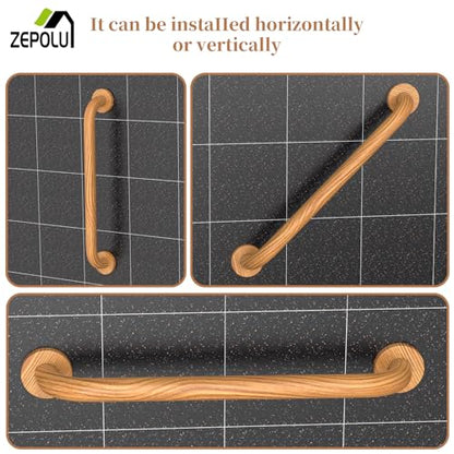 Wood Grain Shower Grab Bar 16 Inch, Grab Bar for Bathtub and Shower | Stainless Steel, Wall Mount wooden grab bar, Bathroom Handrail, Balanced Support Assist Handle for Elderly Senior Handicap