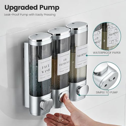 Shower Soap Dispenser 3-Chamber Wall Mount Shampoo Dispenser,Silver | Latch design No Drill Shampoo and Conditioner Dispenser for Bathroom Hotel, Durable ABS Material Large Capacity - color: 3silver