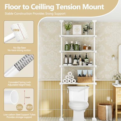 Bonpally Over The Toilet Storage Shelf, 4-Tier Adjustable Bathroom Organizer, No Drill Tension Mounted Shelves Metal, Space-Saving Bathroom Cabinet Rack Above Toilet for Small Bathroom Rooms, White - color: White