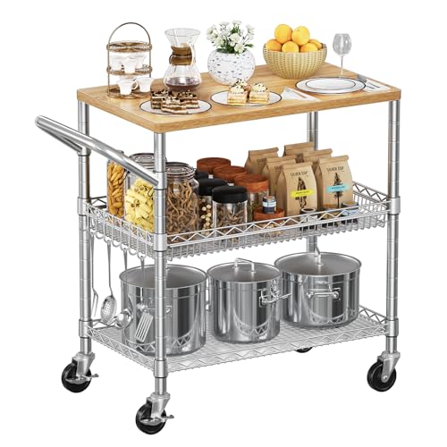 NTE Rolling Kitchen Carts on Wheels, 650Lbs Capacity 3 Tier Utility Cart with Wood Tabletop, Kitchen Storage Cart with 8 Hooks, Metal Serving Cart with Handle and Shelf Liners for Kitchen, Restaurant - color: Wood-silver