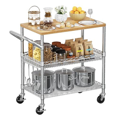 NTE Rolling Kitchen Carts on Wheels, 650Lbs Capacity 3 Tier Utility Cart with Wood Tabletop, Kitchen Storage Cart with 8 Hooks, Metal Serving Cart with Handle and Shelf Liners for Kitchen, Restaurant - color: Wood-silver