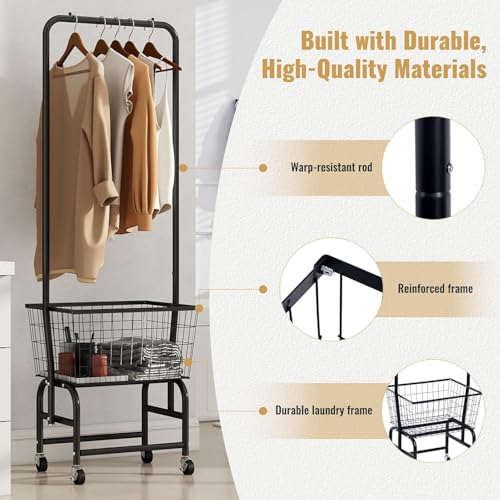 ALIMORDEN Rolling Laundry Cart with Hanging Rack & Metal Basket, Black | 360° Lockable Casters, Wire Laundry Basket Cart, Hanging Rack, Powder Coated Frame for Laundry Room & Bedroom Storage - color: Black