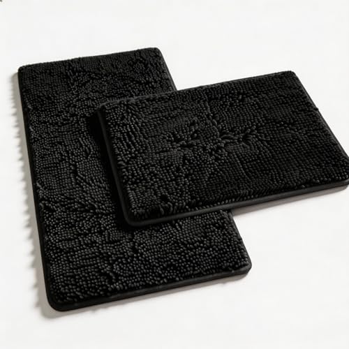 RUN HELIX Bathroom Rugs Set 2 Piece Thick Chenille Bath Mats, Soft Quick Dry Plush Absorbent Bath Rugs with Non-Slip PVC Backing, 32x20+24x16 Inch Black - color: Black