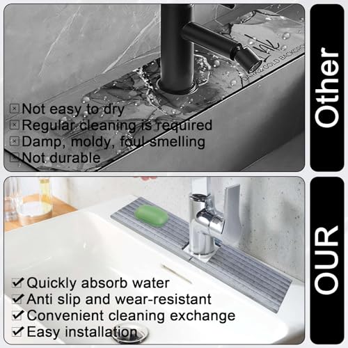 Kitchen Sink Faucet Mat, 17.7'' Diatomite Quick Drying Stone Sink Tray, Prevents Moisture Buildup, Suitable for Bathroom Kitchen Counter Top Faucet Around Splash Guard[Light Gray, 17.7" x 3.9"]
