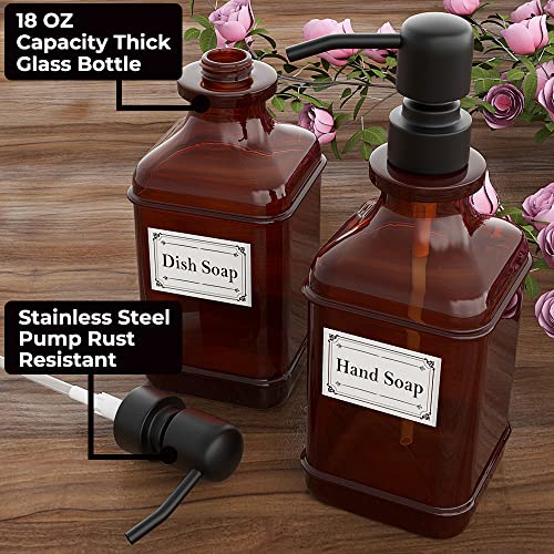 GLADPURE Soap Dispenser 2 Pack, Hand Soap Dispensers with 18 Oz Antique Design Thick Amber Glass Bottle, 316 Rust Proof Stainless Steel Black Pump, 6Pcs Stickers, for Lotion, Soap, Essential Oil - color: Brushed-black