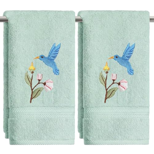 Artoid Mode 2 Pcs Pale Green Bird Floral Embroidered Hand Towels for Bathroom, 100% Cotton Soft Absorbent Farmhouse Decor Towels, 13.7 x 29.5 Inch - color: Pale Green, size: 13.7" x 29.5", 2PCS
