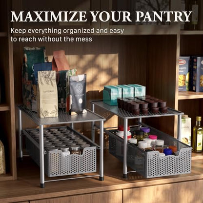 Simple Houseware Stackable Under Sink Sliding Basket Drawer, Silver | Perforated Free Standing Organizer, Kitchen/Pantry/Cabinet/Counter - color: Silver