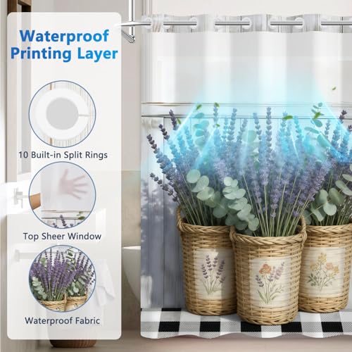 No Hook Floral Shower Curtain with Liner, Lavender Basket Bathroom Shower Curtain and Snap in Liner Set, Summer Bathroom Waterproof Shower Curtains with Mesh Top Window and Weighted Hem, 71x74 Inches - color: Lavender Basket
