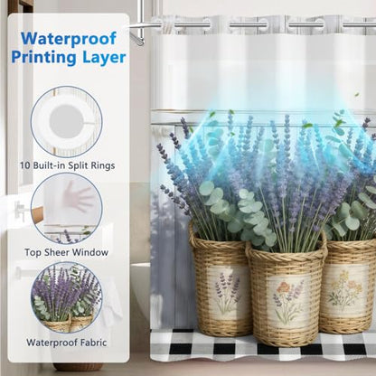 No Hook Floral Shower Curtain with Liner, Lavender Basket Bathroom Shower Curtain and Snap in Liner Set, Summer Bathroom Waterproof Shower Curtains with Mesh Top Window and Weighted Hem, 71x74 Inches - color: Lavender Basket