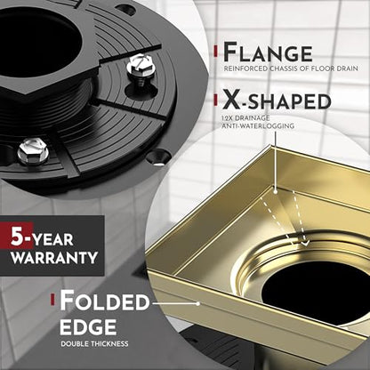6 Inch Square Shower Drain Gold Floor Drain with Flange Reversible 2-in-1 Cover Tile Insert Grate Removable SUS304 Stainless Steel CUPC Certified Brushed Gold - color: Brushed Gold, size: 6 Inch