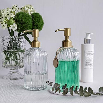 JASAI 2PACK 18Oz Fluted Glass Soap Dispenser with Golden Rust Proof Pump, Refillable Kitchen soap Dispenser with Vertical Stripe, Bathroom Soap Dispenser for Dispense Hand soap, Dish Soap, Lotion. - color: Clear-golden Pump-2p, size: 2 Pack