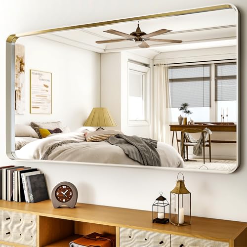 55"x 30" Silver Bathroom Mirror - Aluminum Framed Wall Mirror, Bathroom Wall Mounted Vanity Mirror, Bedroom, Living Room Wall Mirror, Hang Horizontally or Vertically - color: Silver, size: 55"L x 30"W