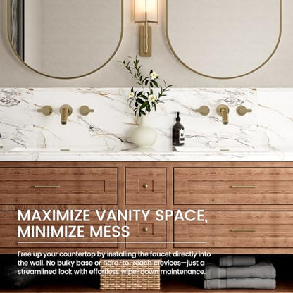 Wall Mount Bathroom Faucet Brushed Gold,Solid Brass Wall Mounted Sink Faucet,Widespread 3 Holes 2 Lever Handles Lavatory Vessel Sink Mixer Tap with Foldable Spout - color: Brushed Gold