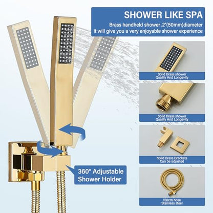 Polished Gold Shower System 12 Inch LED Square Rainfall Shower Head Ceiling Mount Shower Faucet Set with Hand Sprayer Rough-in Valve Trim Kit Bathroom Mixer Shower Combo Set - color: Gold, style: 12"-led
